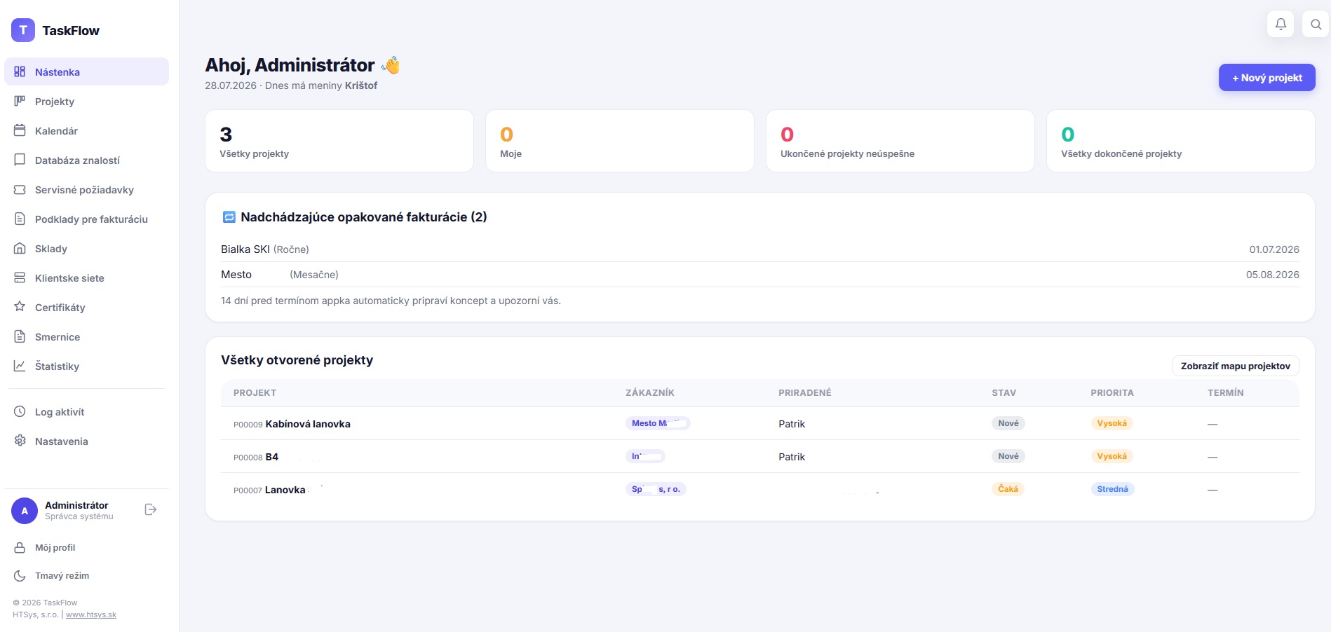 Náhľad firemnej aplikácie TaskFlow – nástenka a projekty